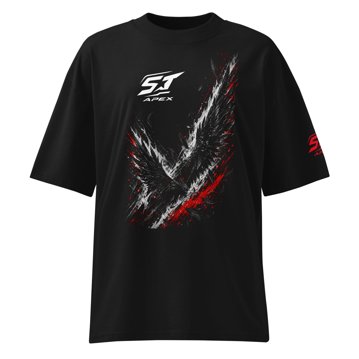 ST-APEX Blackwing 1 Bio-Baumwoll Oversize T-Shirt in Schwarz, Weiss und Rot – Produktansicht