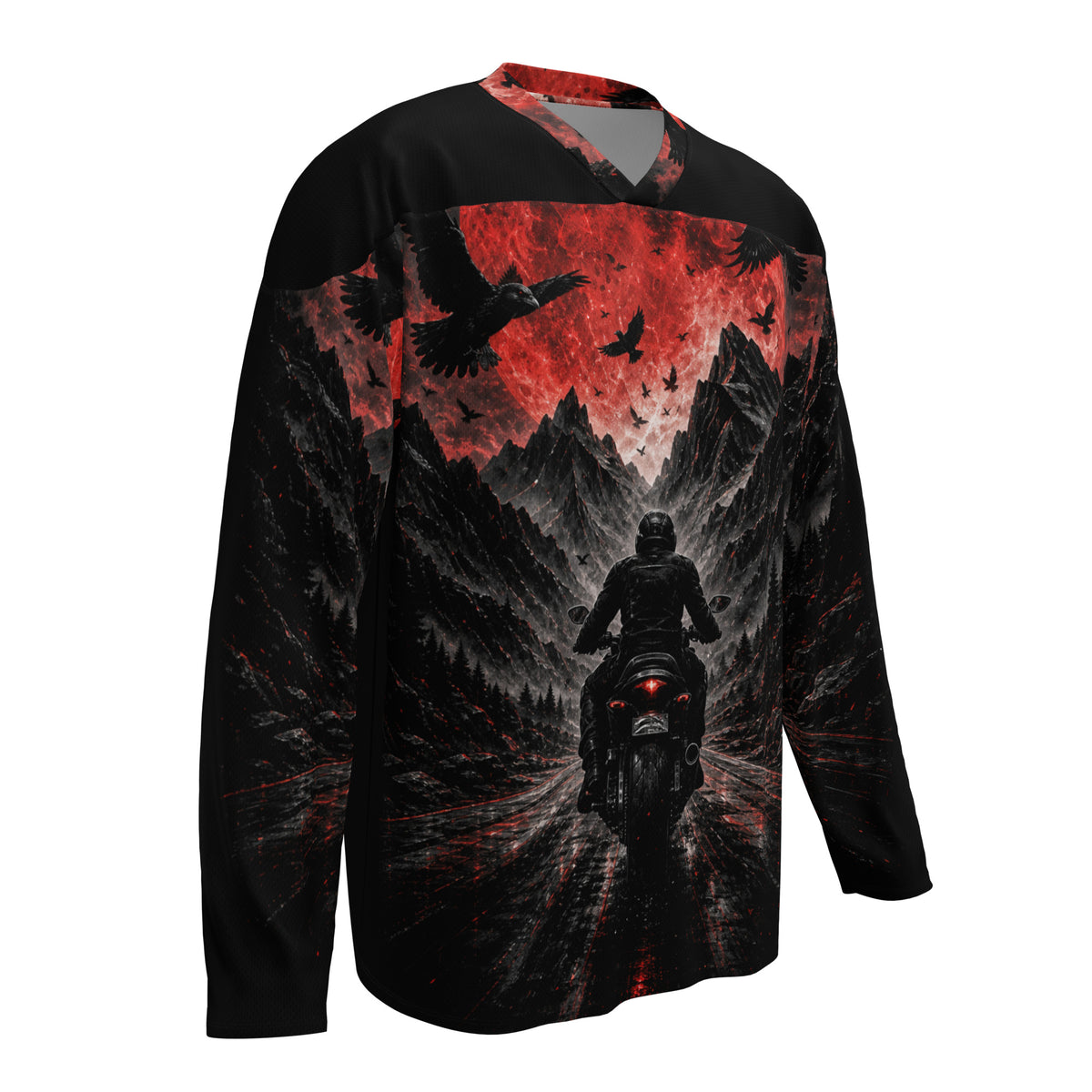 Blood Moon Motorrad Jersey von ST‑APEX: dramatisches Fahrer- und Mondmotiv, lockere Passform und feuchtigkeitsableitendes Material.