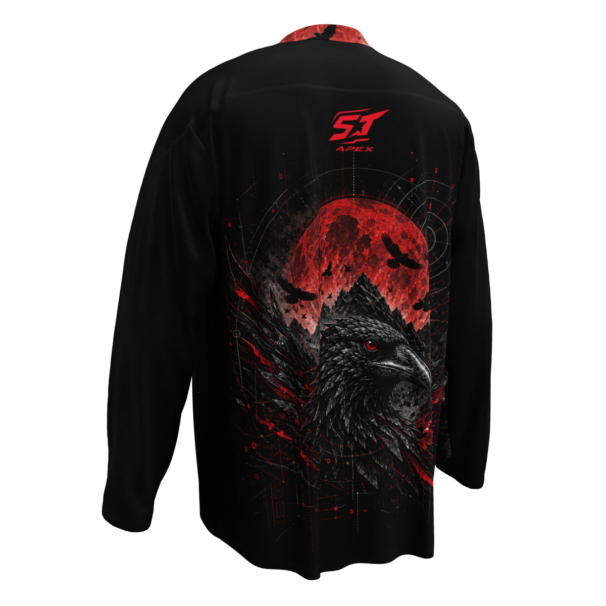 Blood Moon Motorrad Jersey von ST‑APEX: dramatisches Fahrer- und Mondmotiv, lockere Passform und feuchtigkeitsableitendes Material.