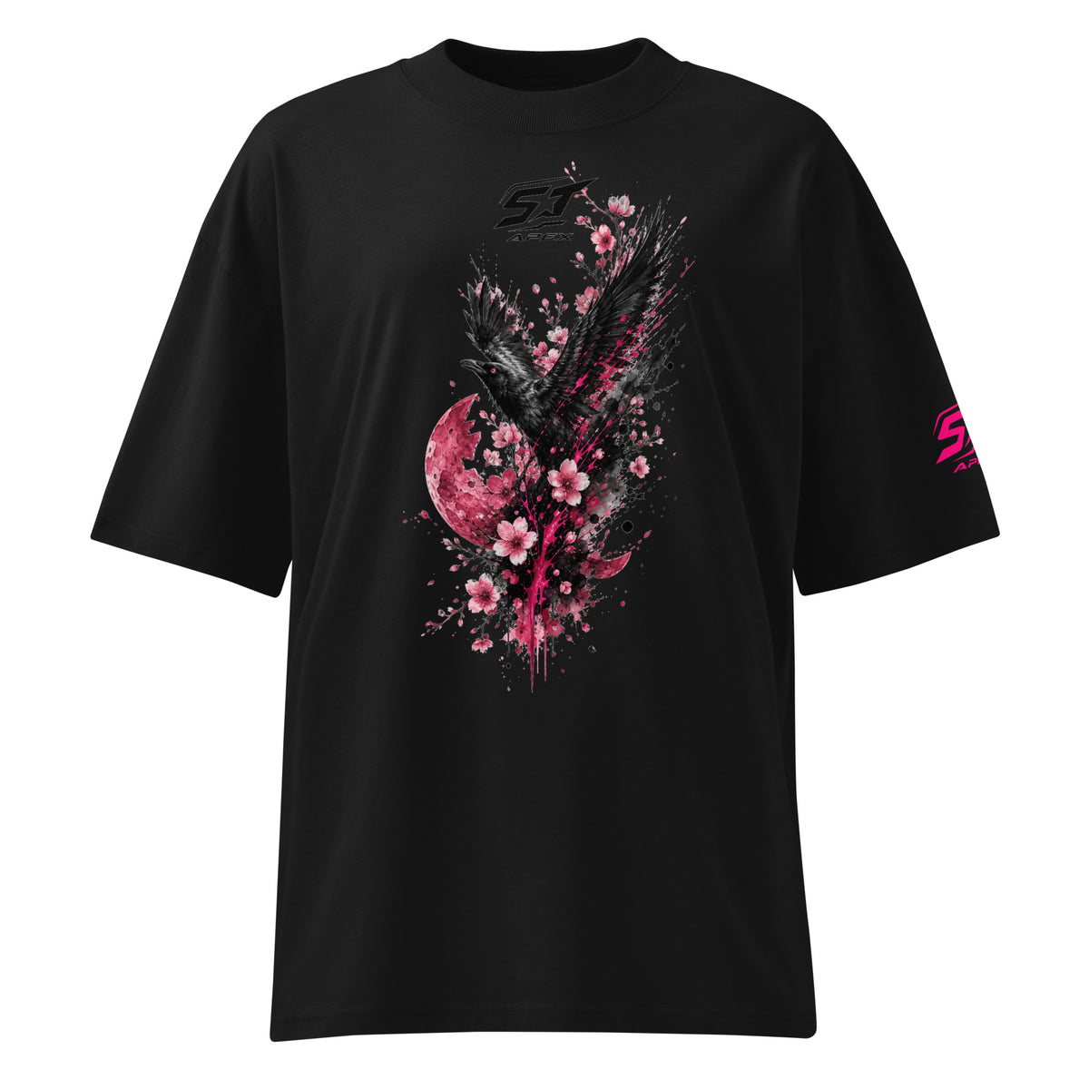ST-APEX Crimson Oracle 1 Bio-Baumwoll Oversize T-Shirt in Schwarz, Crimson-Pink und Weiss – Produktansicht
