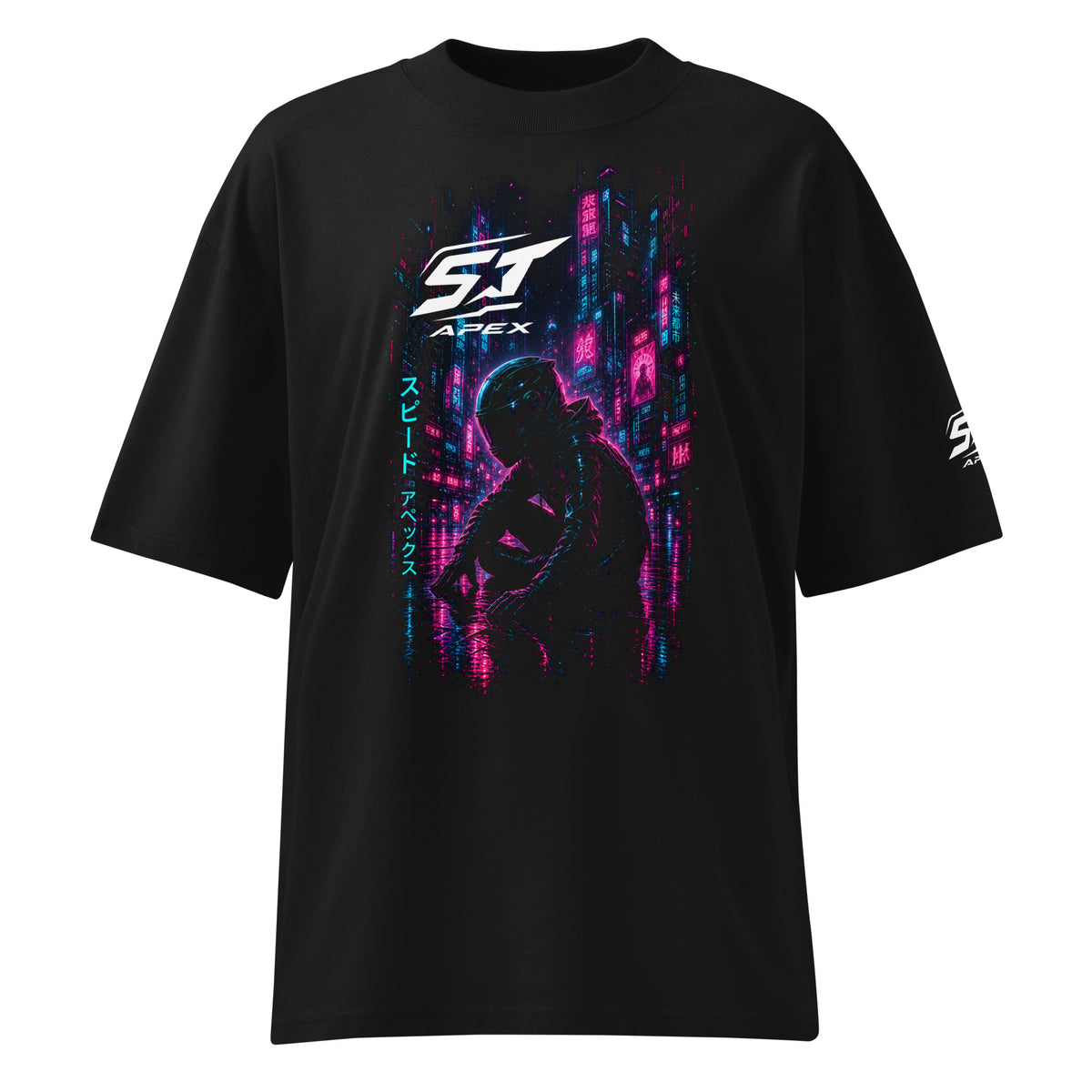 ST-APEX Cyberpunk Shadow 1 Bio-Baumwoll Oversize T-Shirt in Schwarz, Neon-Blau und Pink – Produktansicht