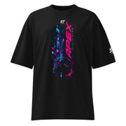 ST-APEX Cyberpunk Shadow 2 Bio-Baumwoll Oversize T-Shirt in Schwarz, Neon-Blau und Pink – Produktansicht