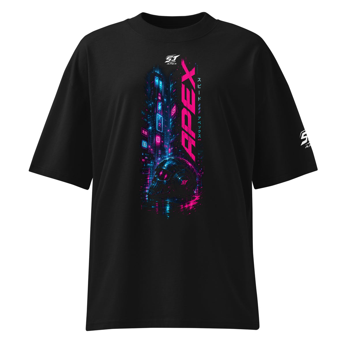 ST-APEX Cyberpunk Shadow 2 Bio-Baumwoll Oversize T-Shirt in Schwarz, Neon-Blau und Pink – Produktansicht