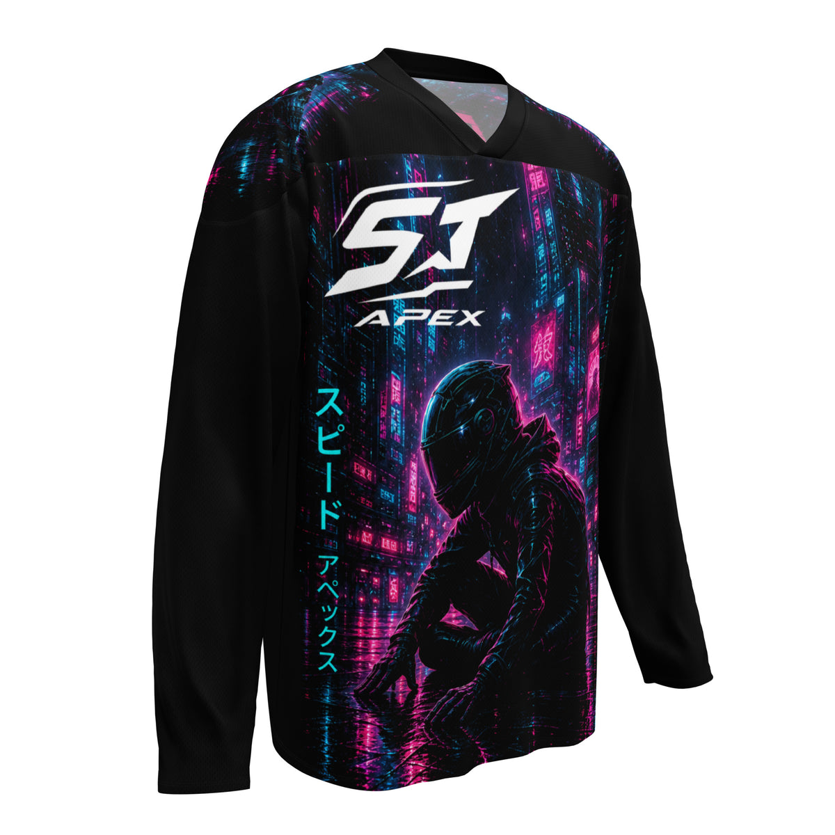 Cyberpunk Shadow Motorrad Jersey von ST‑APEX: futuristisches Neon-Design, lockere Passform und feuchtigkeitsableitendes Material.