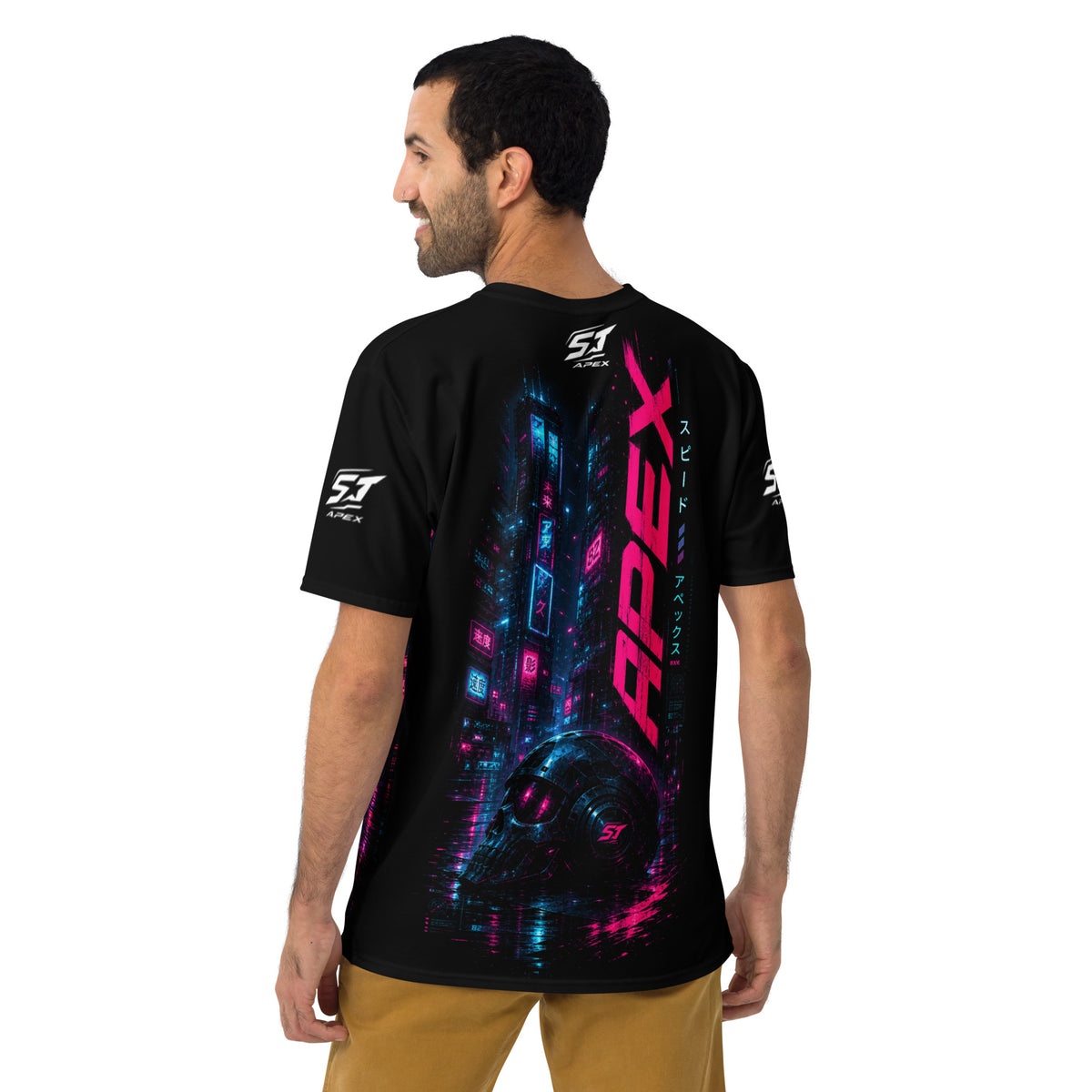 ST-APEX Cyberpunk Shadow Unisex Performance Shirt in Schwarz, Neon-Blau und Pink – Produktansicht