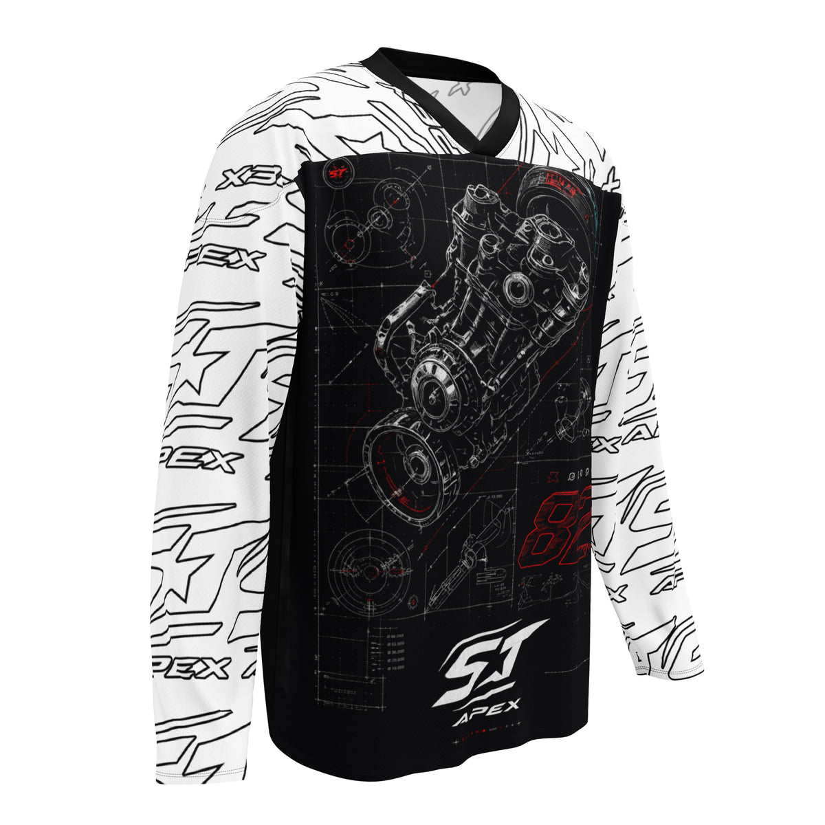 Engineered to Win Motorrad Jersey von ST‑APEX: technisches Motor-Design, lockere Passform und funktionales Material für echte Maschinenfans.
