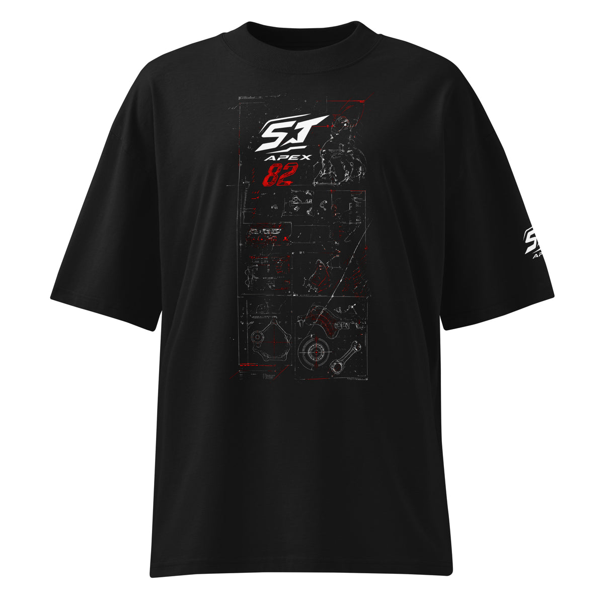 ST-APEX Engineered to win 2 Bio-Baumwoll Oversize T-Shirt in Schwarz, Dunkelgrau und Rot – Produktansicht