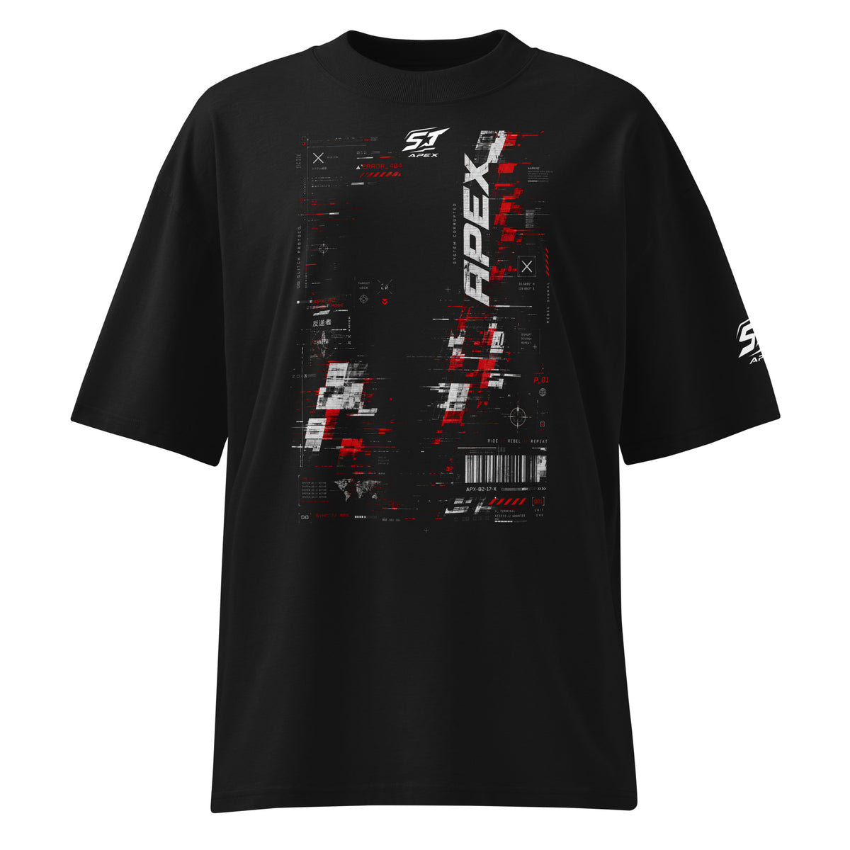 ST-APEX Glitch Revolt 2 Bio-Baumwoll Oversize T-Shirt in Schwarz, Rot und Weiss – Produktansicht