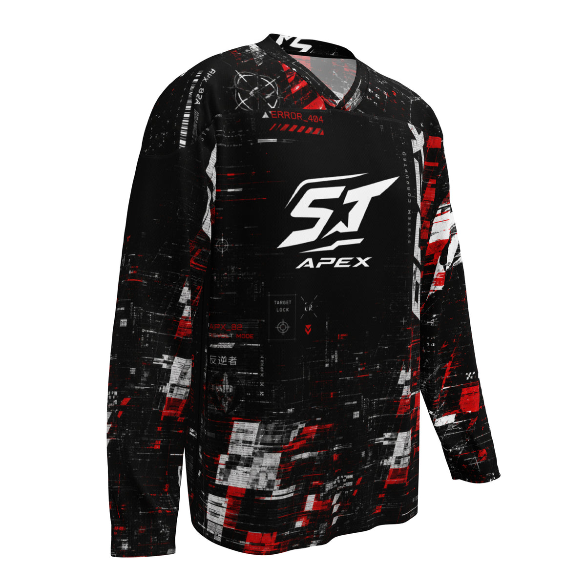 Glitch Revolt Motorrad Jersey von ST‑APEX: digitales Schwarz-Rot-Design, lockere Passform und feuchtigkeitsableitendes Funktionsmaterial.