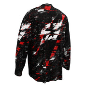 Glitch Revolt Motorrad Jersey von ST‑APEX: digitales Schwarz-Rot-Design, lockere Passform und feuchtigkeitsableitendes Funktionsmaterial.