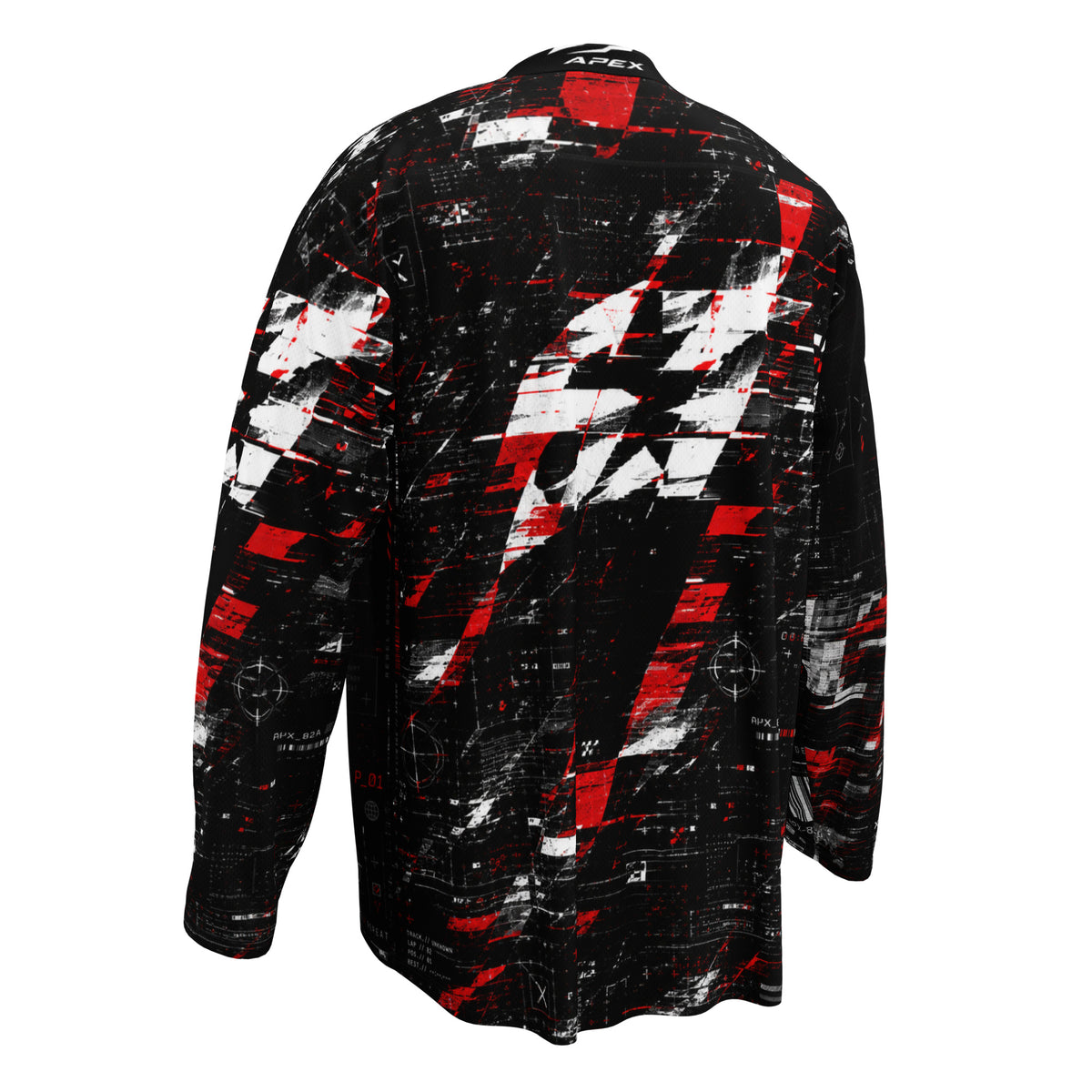 Glitch Revolt Motorrad Jersey von ST‑APEX: digitales Schwarz-Rot-Design, lockere Passform und feuchtigkeitsableitendes Funktionsmaterial.