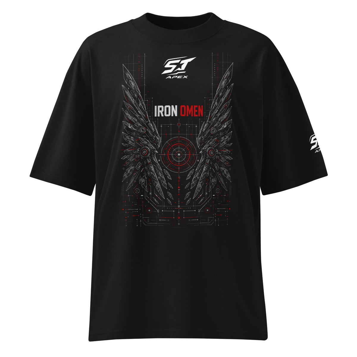 ST-APEX Iron Omen 2 Bio-Baumwoll Oversize T-Shirt in Schwarz, Anthrazit und Rot – Produktansicht