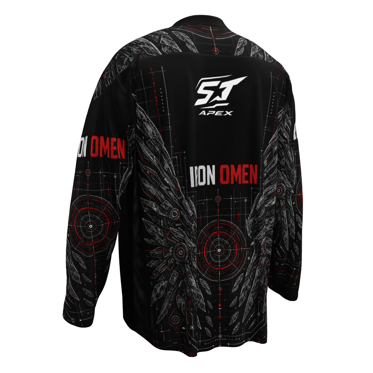 Iron Omen Motorrad Jersey von ST‑APEX: dunkles Ton-in-Ton-Design, lockere Passform und funktionales Material für einen kompromisslosen Auftritt.