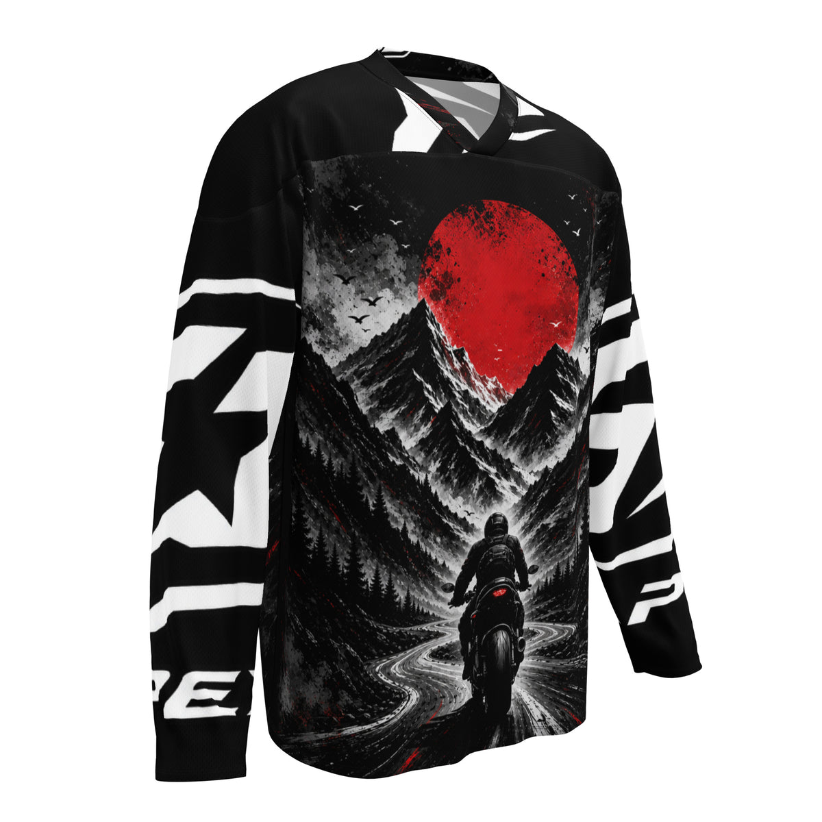 Limitless Motorrad Jersey von ST‑APEX: emotionales Fahrermotiv, dramatische Racing-Farben, lockere Passform und feuchtigkeitsableitendes Material.