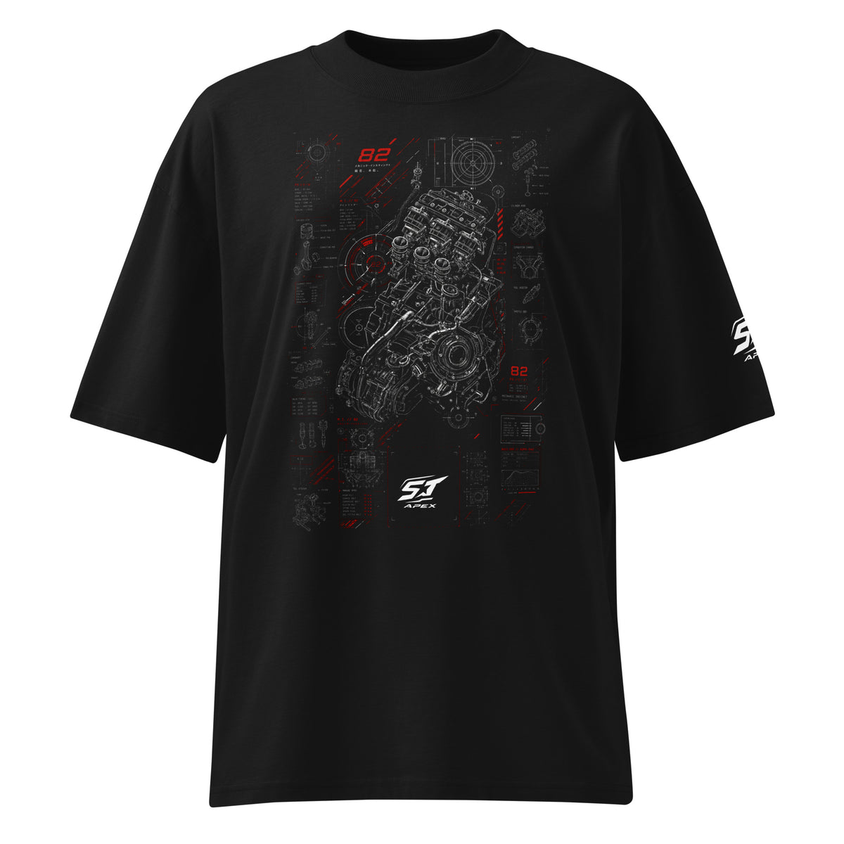 ST-APEX Mechanic Instinct 2 Bio-Baumwoll Oversize T-Shirt in Schwarz, Dunkelgrau und Rot – Produktansicht