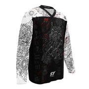 Mechanic Instinct Motorrad Jersey von ST‑APEX: technische Schwarz-Weiß-Grafik, lockere Passform und funktionales Material für Schrauber und Fahrer.