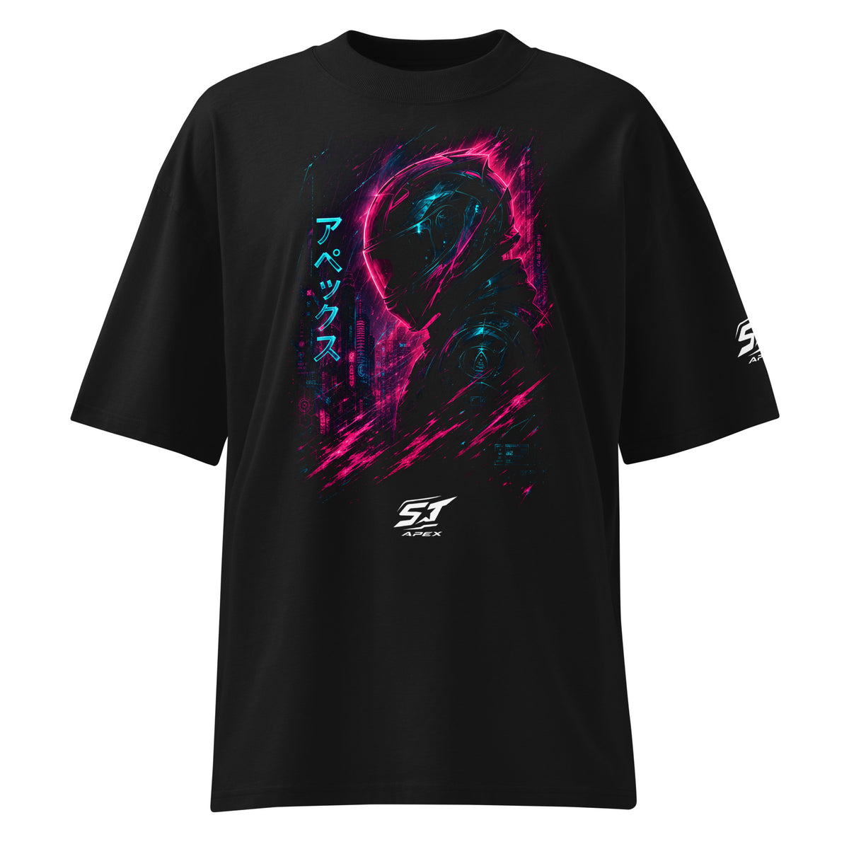 ST-APEX Neon Fury 1 Bio-Baumwoll Oversize T-Shirt in Schwarz, Neon-Pink und Blau – Produktansicht
