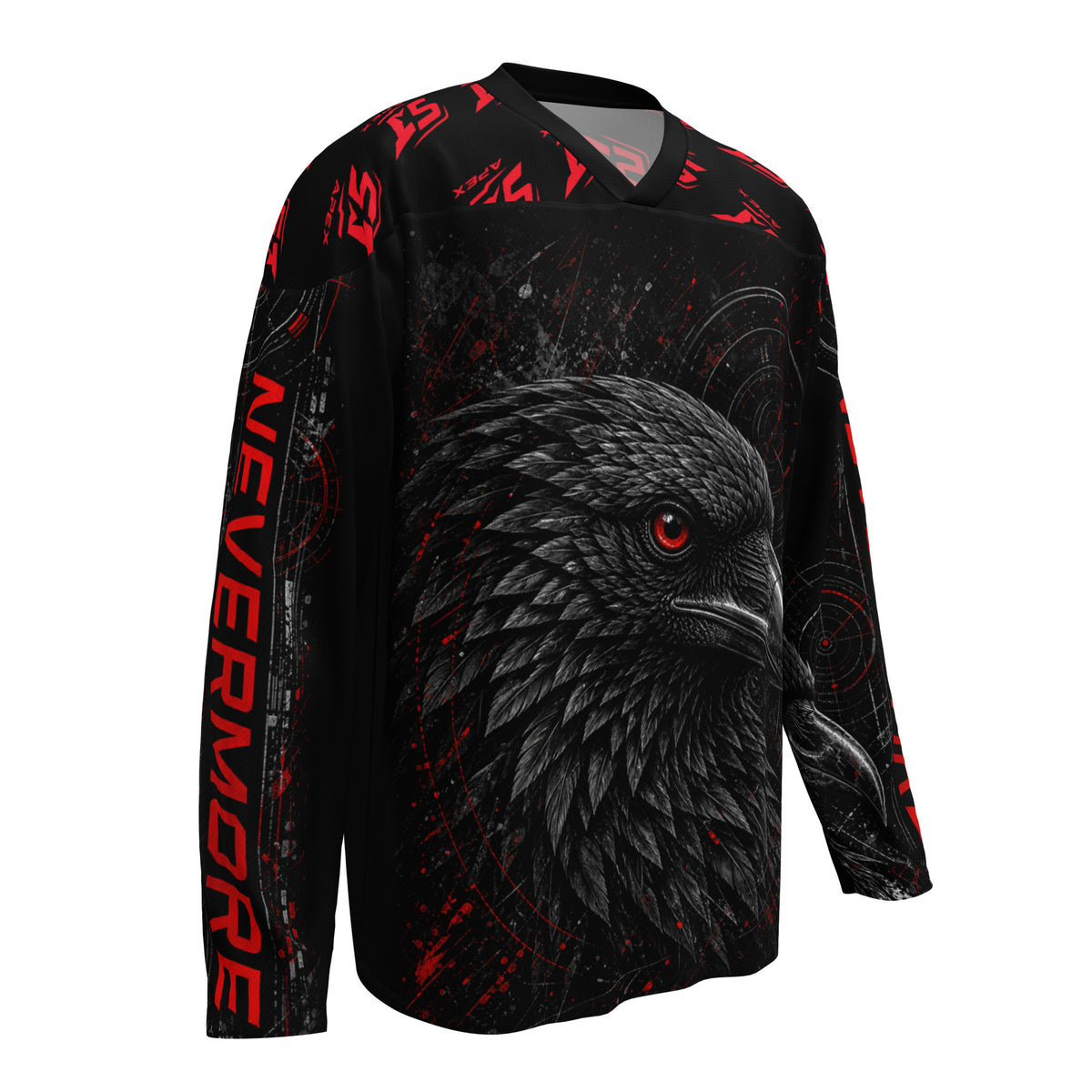 Nevermore Motorrad Jersey von ST‑APEX: dunkles Rabenmotiv, rote Akzente, lockere Passform und feuchtigkeitsableitendes Funktionsmaterial.
