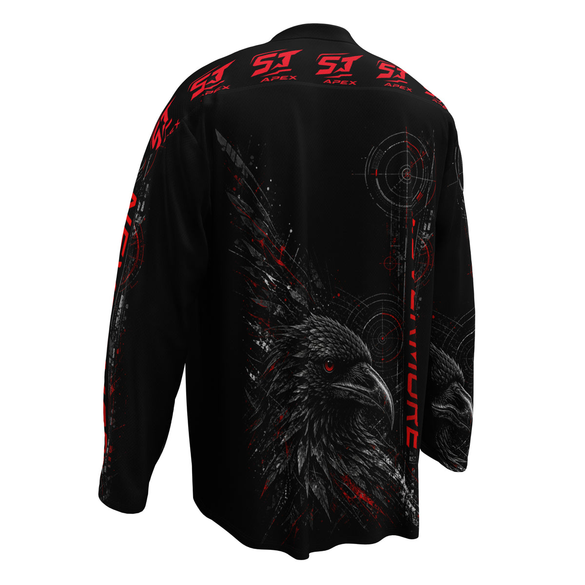 Nevermore Motorrad Jersey von ST‑APEX: dunkles Rabenmotiv, rote Akzente, lockere Passform und feuchtigkeitsableitendes Funktionsmaterial.