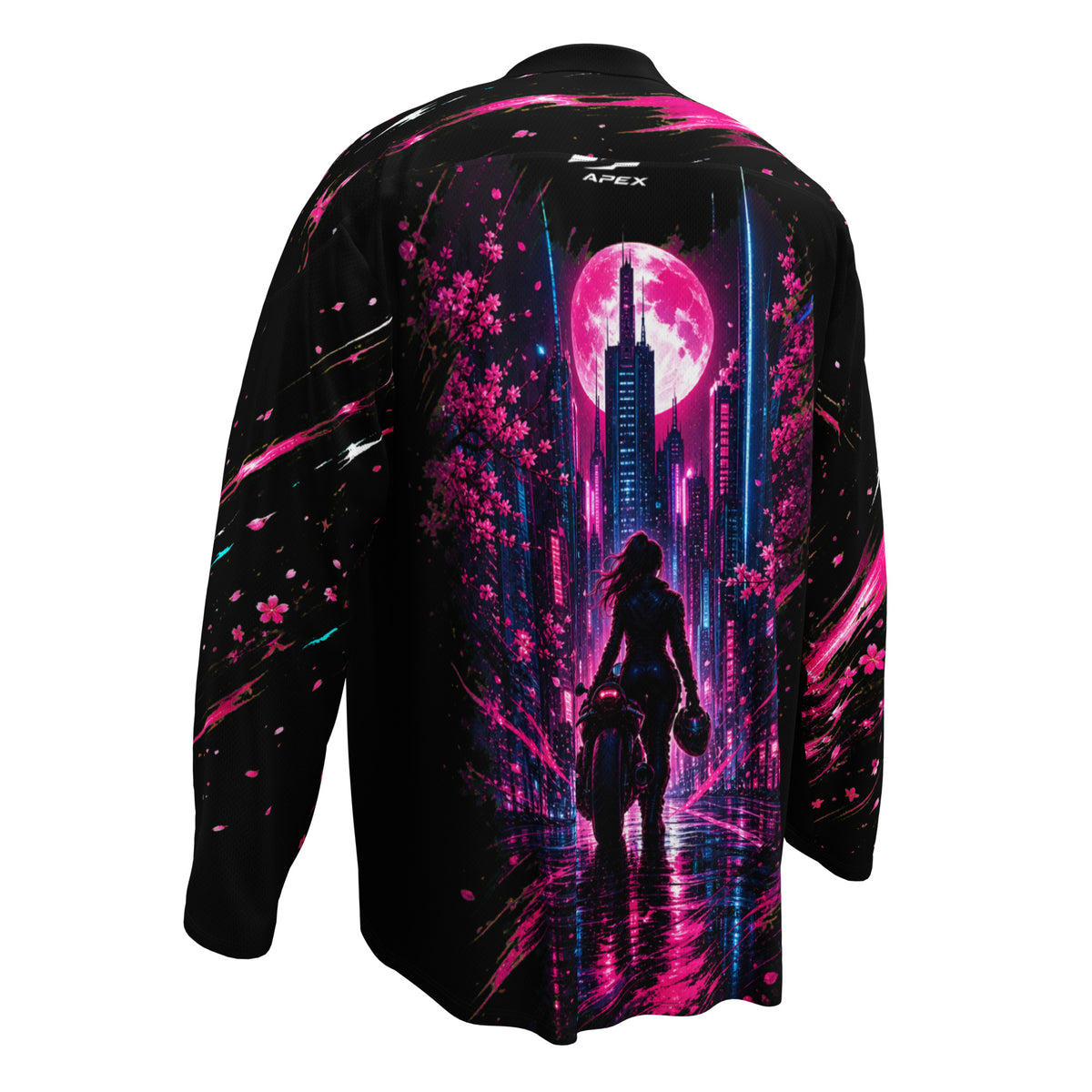 Night Bloom Motorrad Jersey von ST‑APEX: schwarz-pinkes Racing-Design, lockere Passform und feuchtigkeitsableitendes Material. Jetzt entdecken.