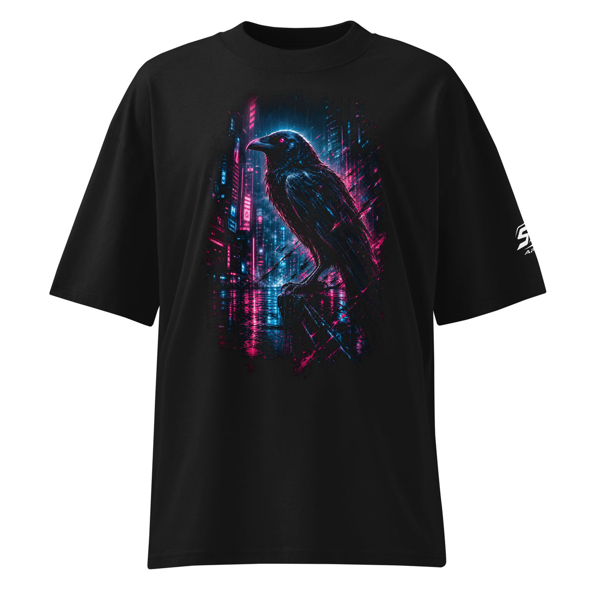 ST-APEX Night Siren 2 Bio-Baumwoll Oversize T-Shirt in Schwarz, Neon-Pink und Blau – Produktansicht