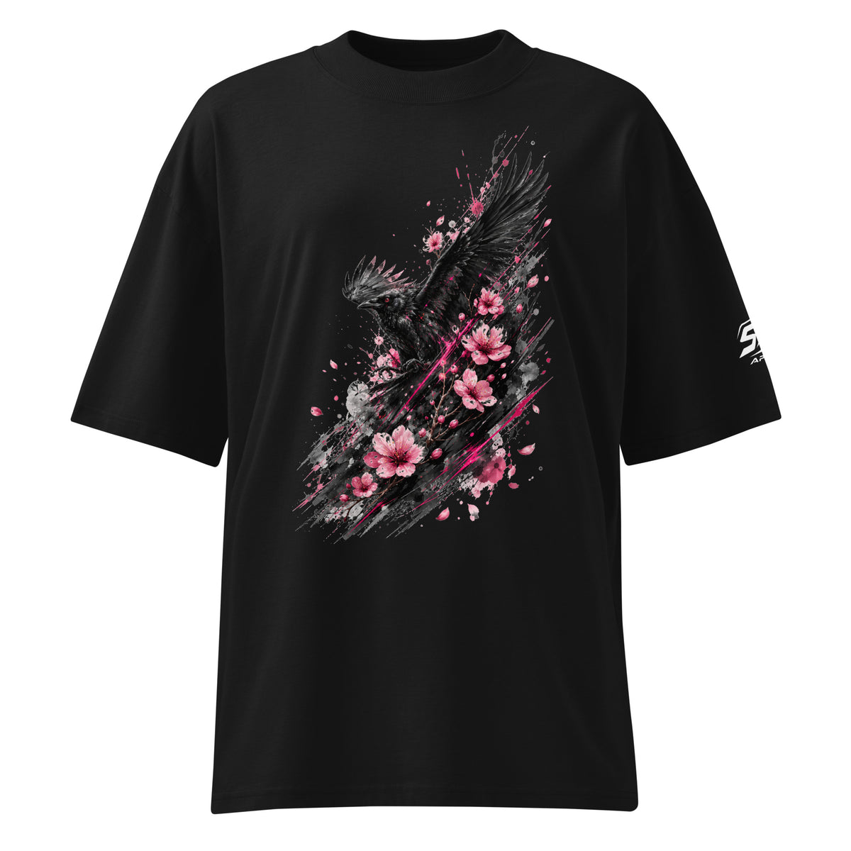 ST-APEX Raven Bloom 1 Bio-Baumwoll Oversize T-Shirt in Schwarz, Grau und Pink – Produktansicht