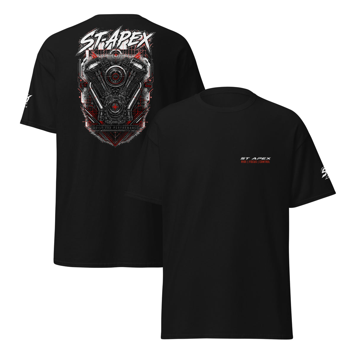 Rückenprint des ST-APEX Machine T-Shirts mit detailreiches V-Twin-Blueprint-Design mit technischer Performance-Ästhetik.