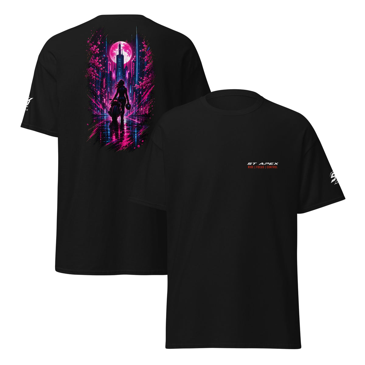 Rückenprint des ST-APEX Night Bloom 5 T-Shirts mit nächtliche Floralelemente treffen auf dunkle Motorradästhetik.