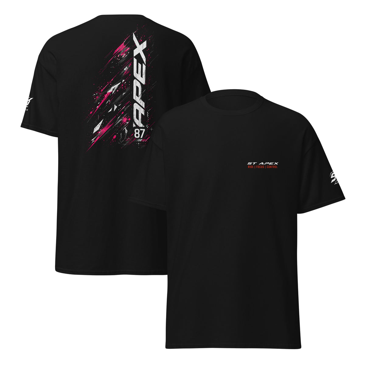 Rückenprint des ST-APEX Pink Velocity 3 T-Shirts mit sportliches Motorradmotiv mit leuchtenden Pink-Akzenten und hoher Dynamik.