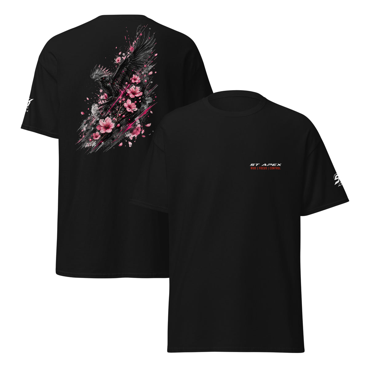 Rückenprint des ST-APEX Raven Bloom 4 T-Shirts mit dunkle Raben-Symbolik trifft auf expressive florale Details.