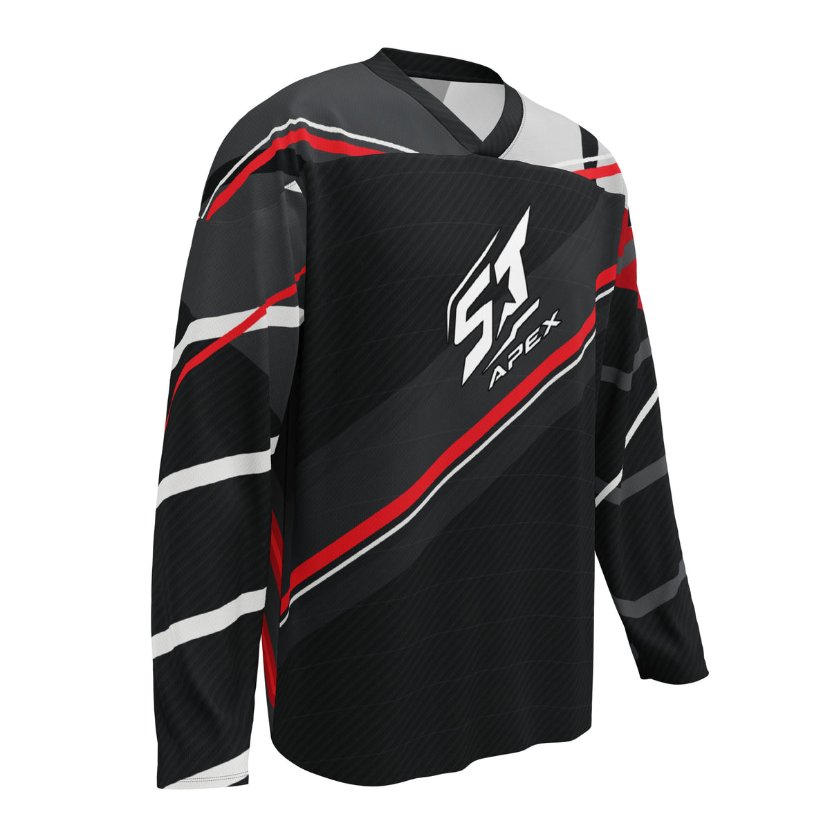 ST‑APEX Signature Motorrad Jersey V1: schwarzes Racing-Design mit roten und weißen Akzenten, lockerer Passform und funktionalem Material.