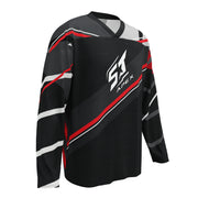 ST‑APEX Signature Motorrad Jersey V1: schwarzes Racing-Design mit roten und weißen Akzenten, lockerer Passform und funktionalem Material.