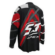 ST‑APEX Signature Motorrad Jersey V1: schwarzes Racing-Design mit roten und weißen Akzenten, lockerer Passform und funktionalem Material.