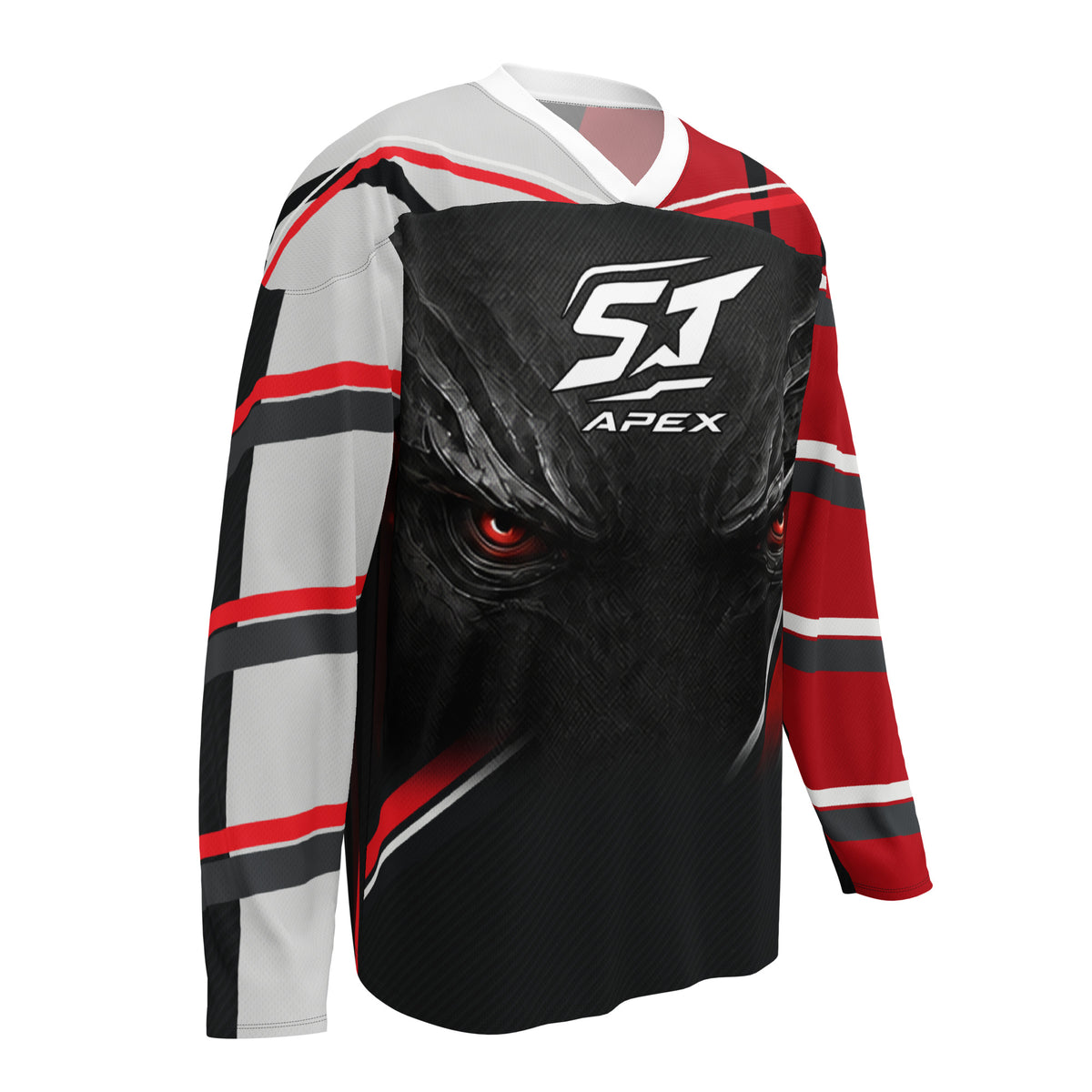 ST‑APEX Signature Motorrad Jersey V2 in Weiß, Schwarz und Rot. Auffälliges Racing-Design, lockere Passform und feuchtigkeitsableitendes Material.