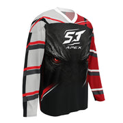 ST‑APEX Signature Motorrad Jersey V2 in Weiß, Schwarz und Rot. Auffälliges Racing-Design, lockere Passform und feuchtigkeitsableitendes Material.