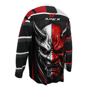 ST‑APEX Signature Motorrad Jersey V2 in Weiß, Schwarz und Rot. Auffälliges Racing-Design, lockere Passform und feuchtigkeitsableitendes Material.