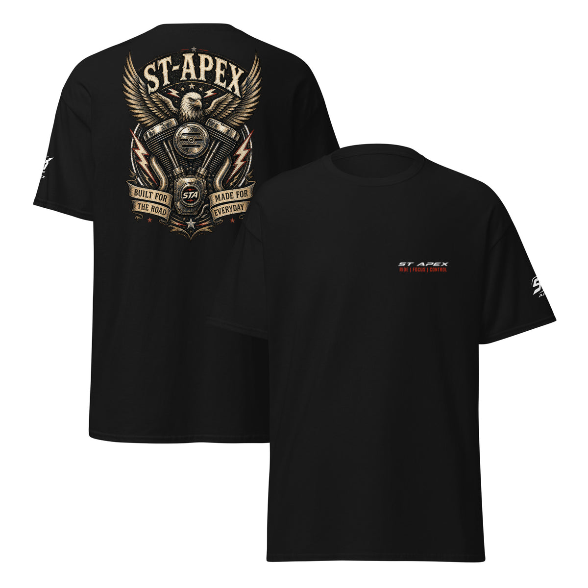 Rückenprint des ST-APEX V-Twin T-Shirts mit technisches V-Twin-Motorendesign mit präzisen Linien und kraftvoller Mechanik.
