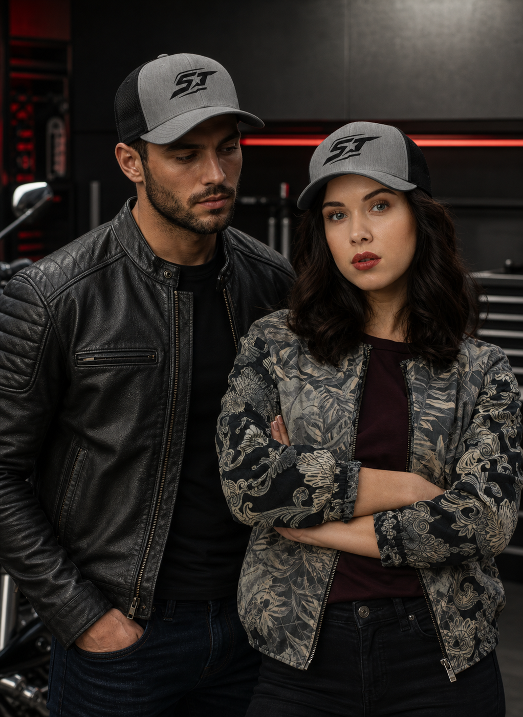 Heather-schwarze ST‑APEX Trucker Cap mit schwarzem Mesh