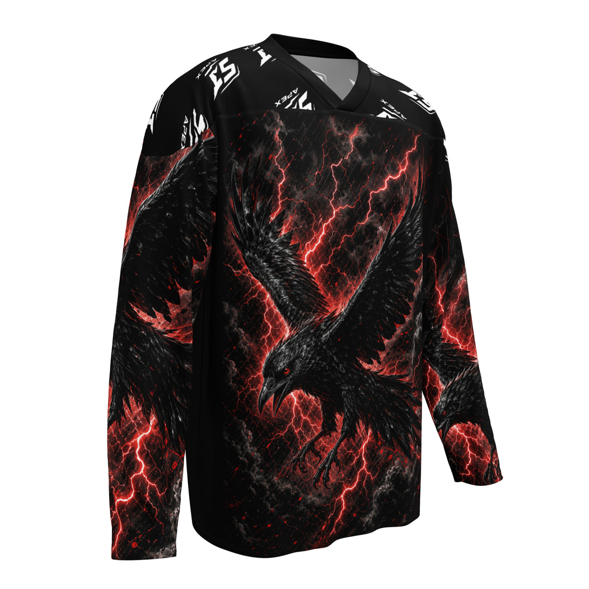 Storm Crow Motorrad Jersey von ST‑APEX: düsteres Rabenmotiv, rote Storm-Effekte, lockere Passform und feuchtigkeitsableitendes Material.
