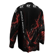 Storm Crow Motorrad Jersey von ST‑APEX: düsteres Rabenmotiv, rote Storm-Effekte, lockere Passform und feuchtigkeitsableitendes Material.