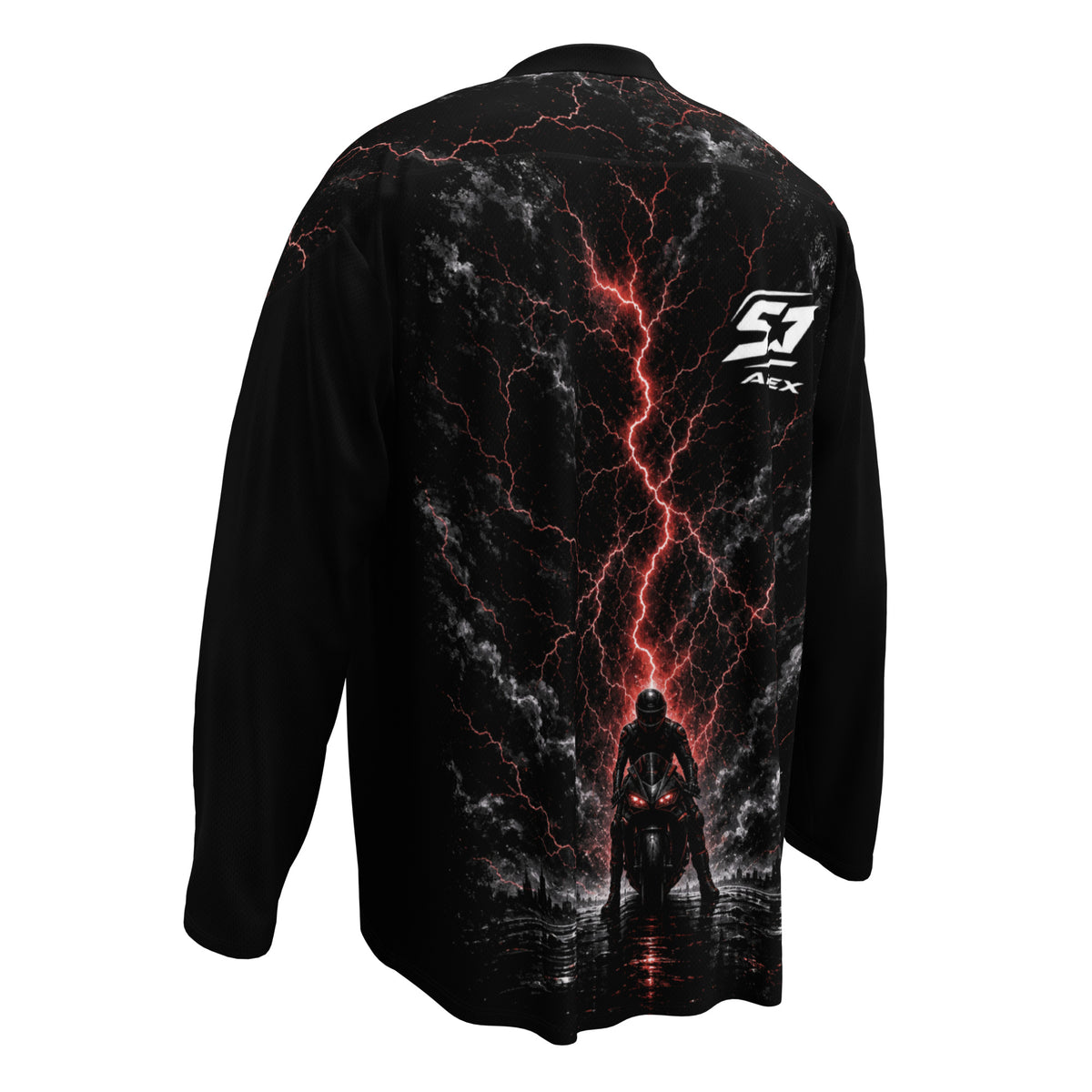 Thunderstorm Motorrad Jersey von ST‑APEX: elektrisches Blitzdesign, lockere Passform, feuchtigkeitsableitendes Material und markante Racing-Optik.