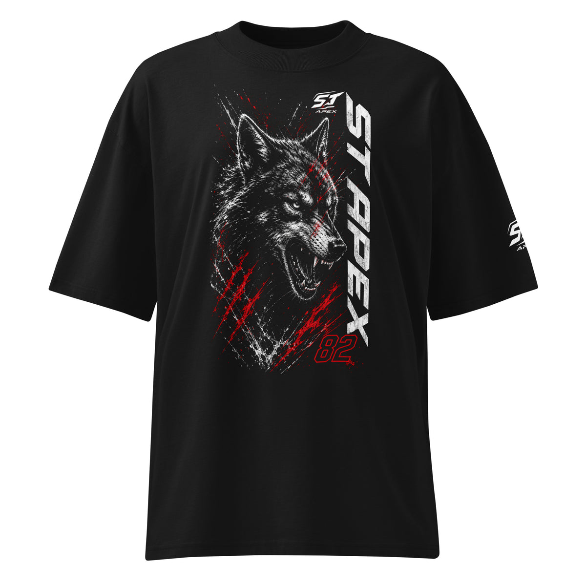 ST-APEX Wild Instinct 1 Bio-Baumwoll Oversize T-Shirt in Schwarz, Grau und Rot – Produktansicht